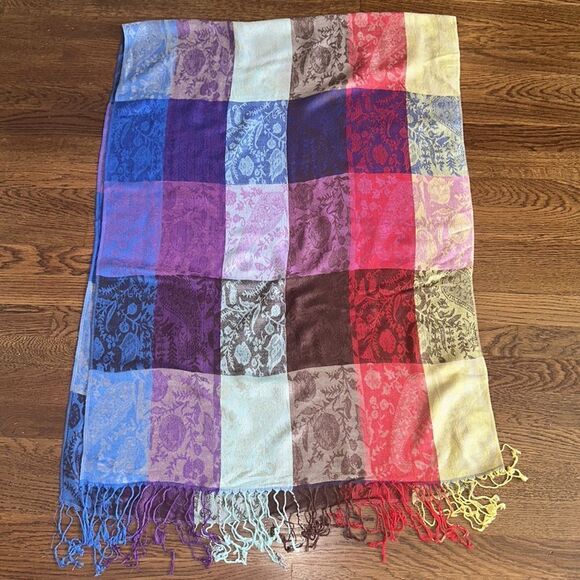 Large boho festival multi color block paisley shawl/wrap with fringe hem - Picture 5 of 5